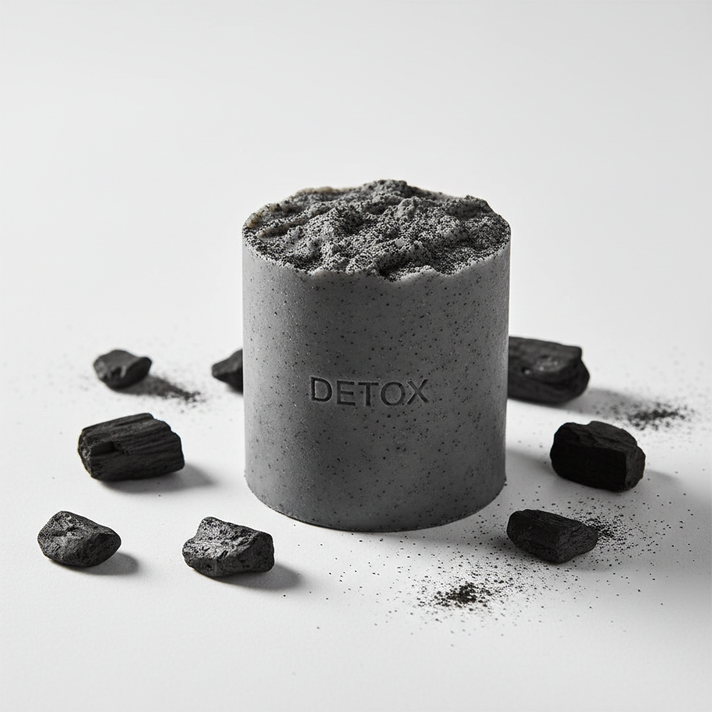 Charcoal detox bar soap with activated charcoal pieces on a white background
