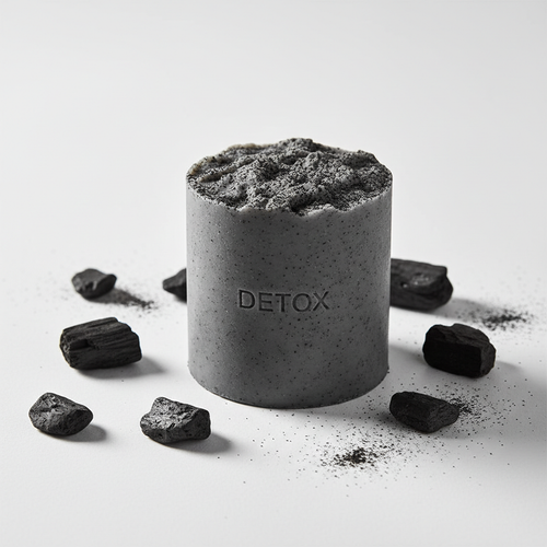 Charcoal detox bar soap with activated charcoal pieces on a white background