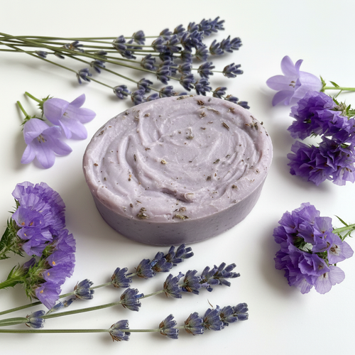Lavender bar soap surrounded by dried lavender sprigs on a white background